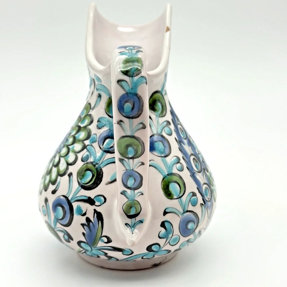 Vintage Ikaros Pottery Hand Painted Pitcher Rhodes Greece White Blue Green